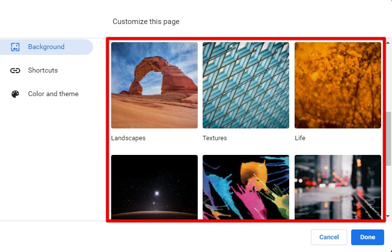 Choosing a preloaded Chrome background image