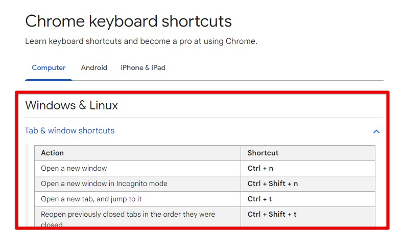 Chrome keyboard shortcuts