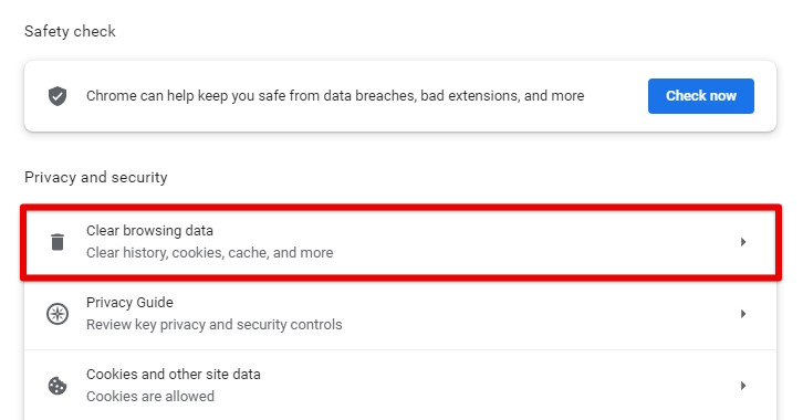 Clear browsing data in privacy and security tab