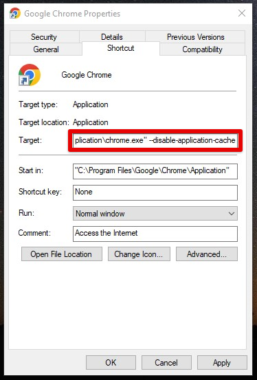 Disable application cache flag
