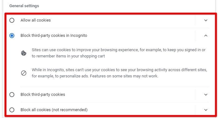 General settings for cookies