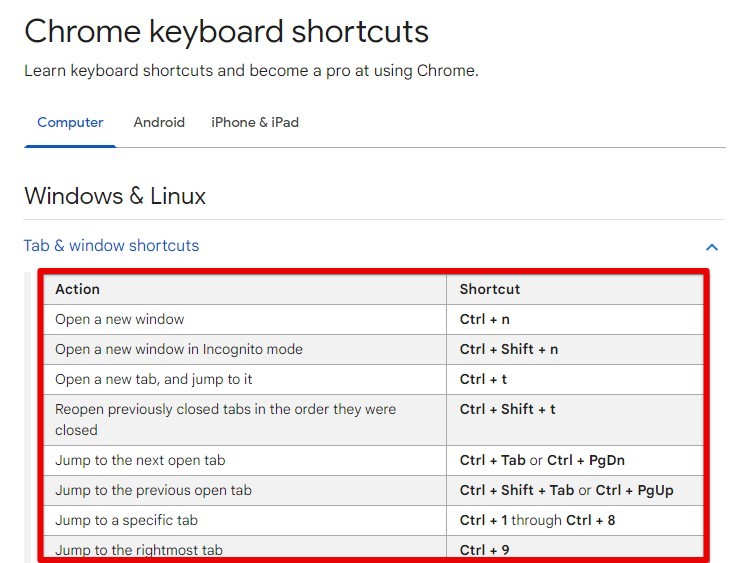 Google Chrome keyboard shortcuts