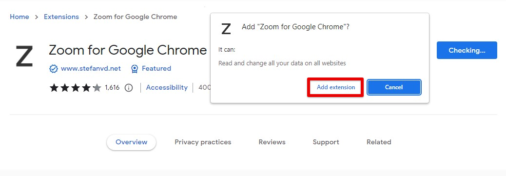 Installing Zoom for Google Chrome extension