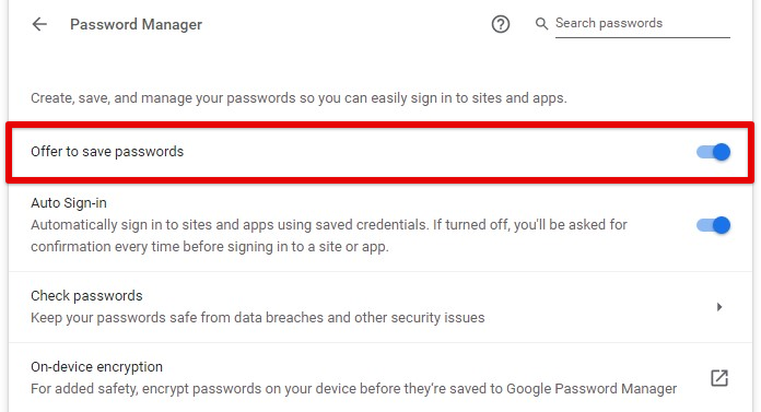 Offer to save passwords switch