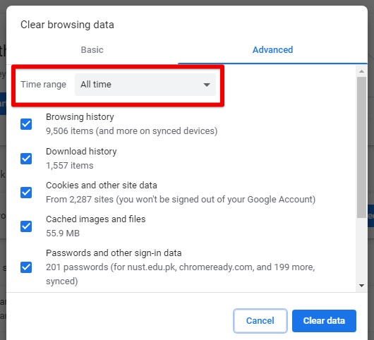 Selecting time range for clearing browsing data