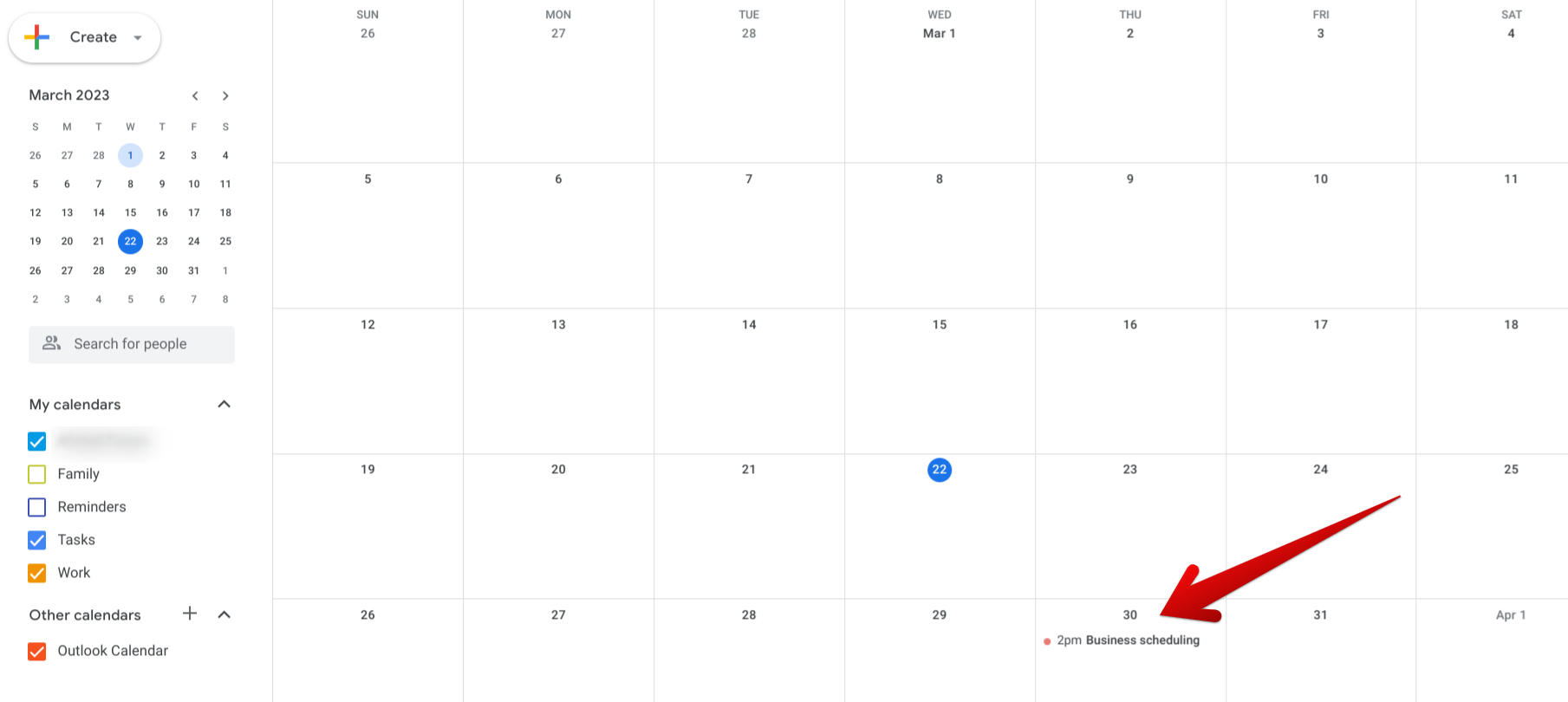 The created event popping up on Calendar