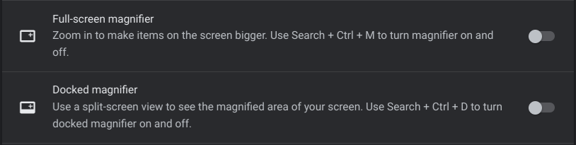 The two magnifier features on ChromeOS