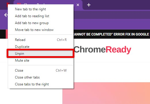Unpinning a tab in Google Chrome