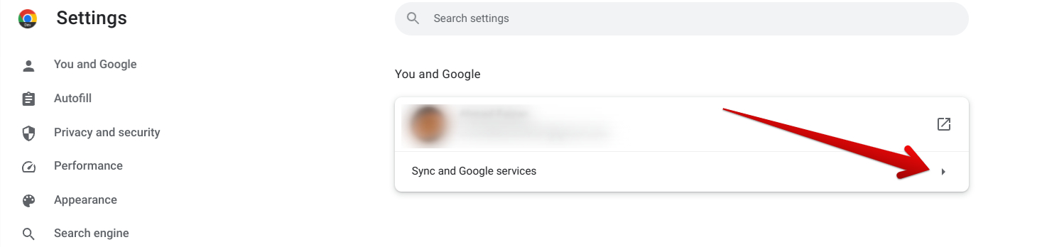 Accessing the "Sync and Google services" section of the Chrome browser