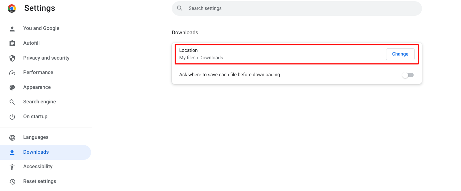 Changing the download location of files on ChromeOS