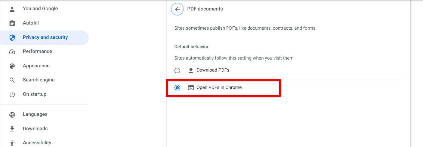 Choosing "Open PDFs in Chrome"