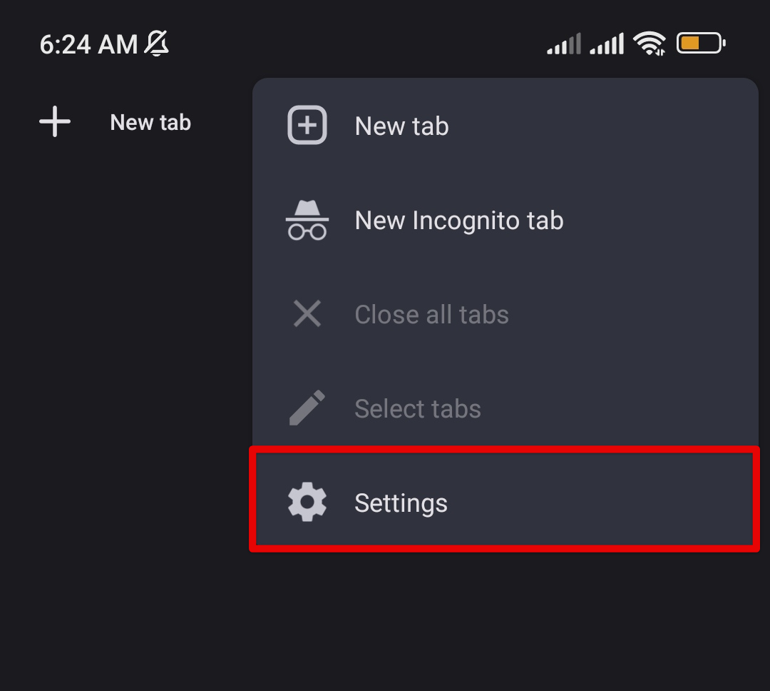 Opening Google Chrome settings on a mobile device
