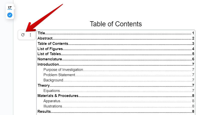 Updating the table of contents after changes