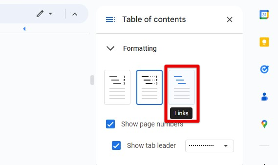 Using hyperlinks in the table of contents