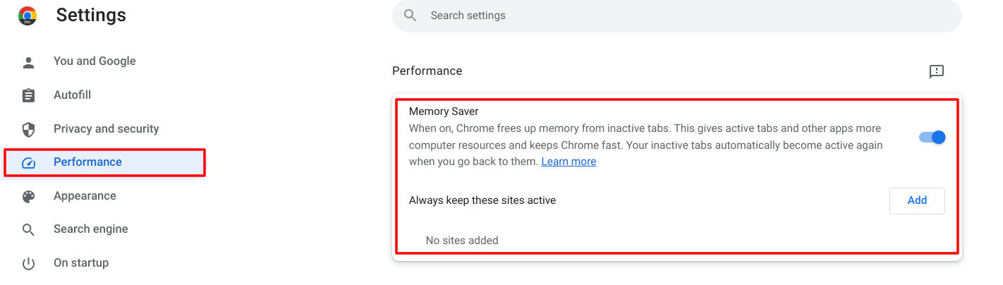 Accessing the Memory Saver feature in the Performance section