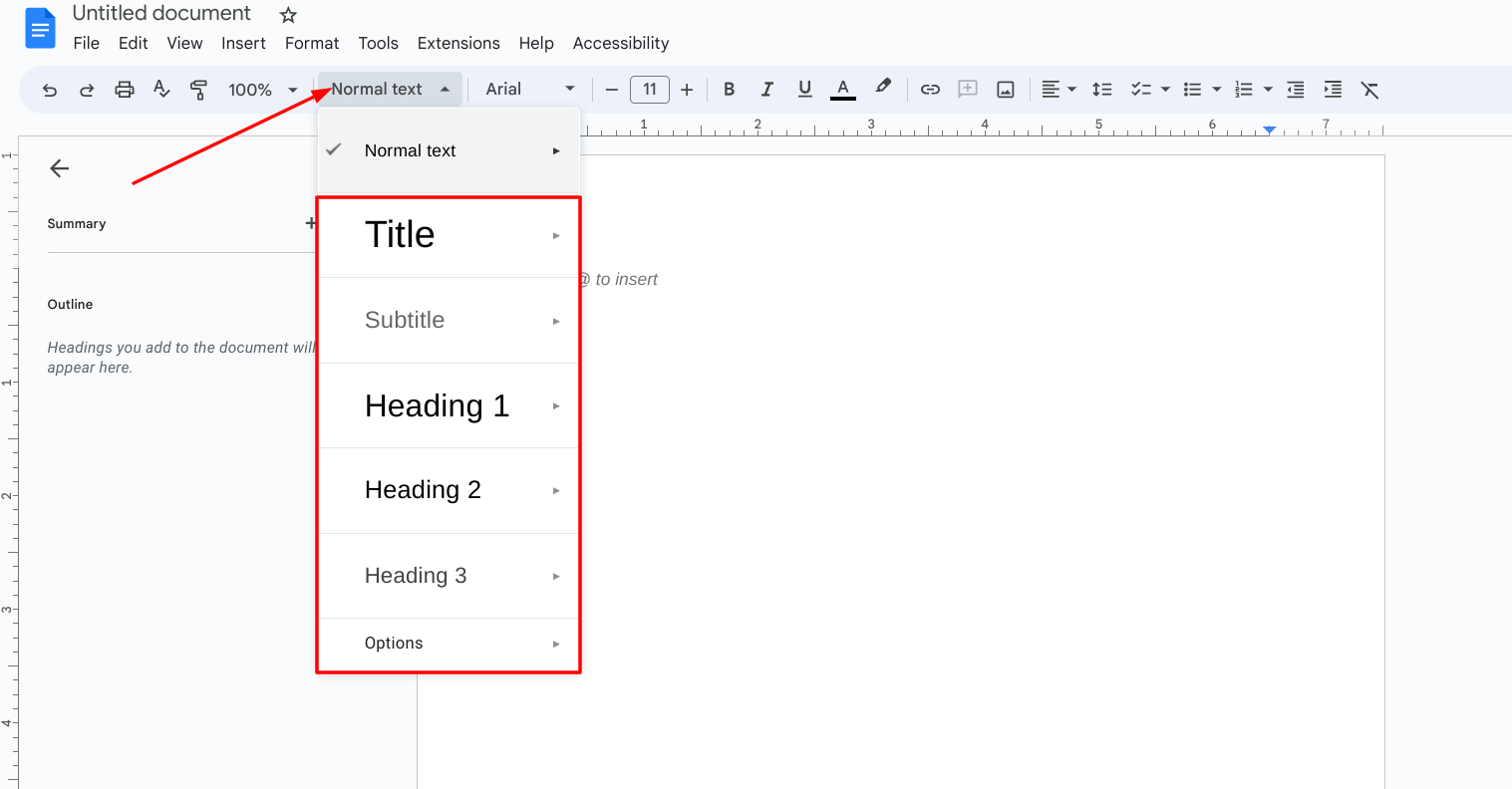 Choosing a style type in Docs