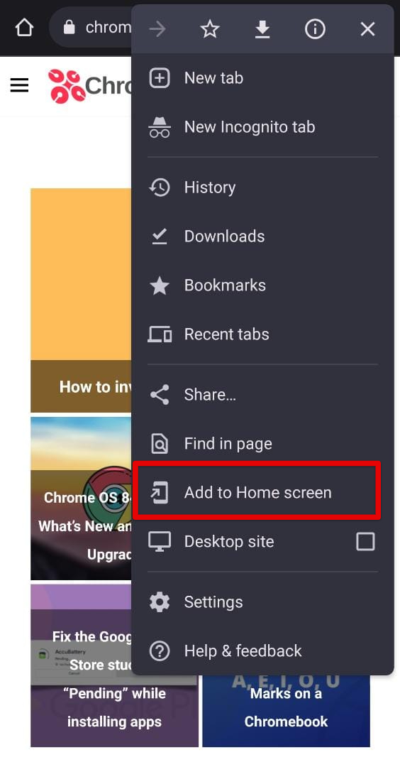 Creating a home screen shortcut for a site