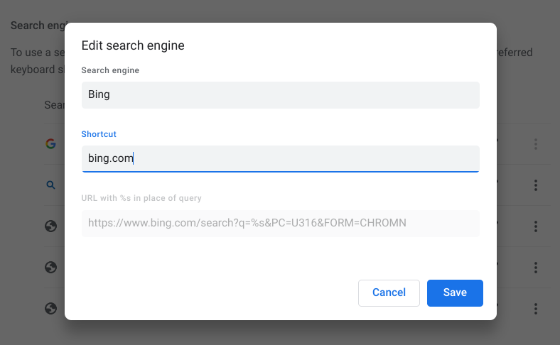 Editing a search engine's parameters in Chrome