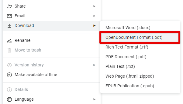 Exporting as open document text