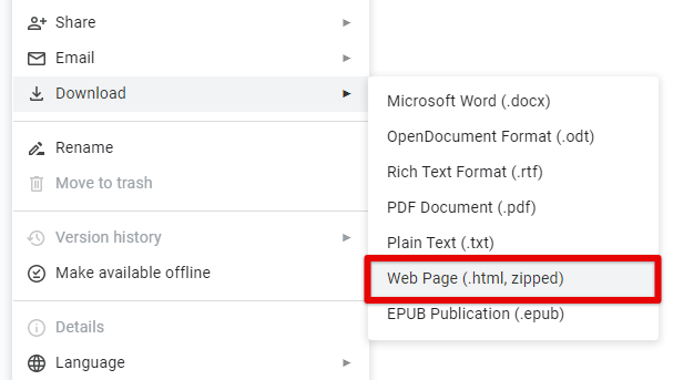 Exporting as web page