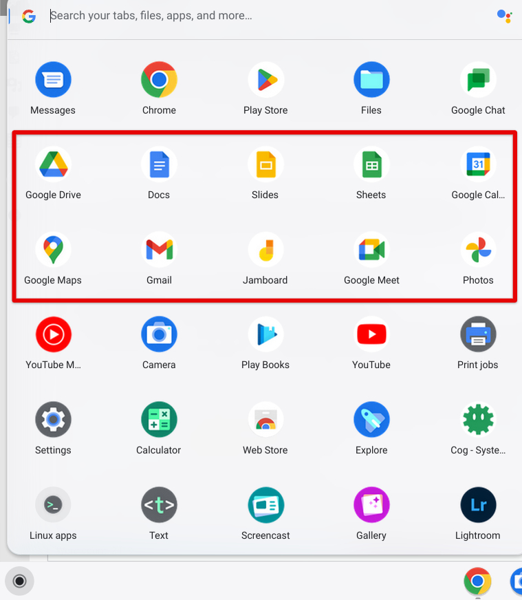 Major Google Workspace apps on ChromeOS
