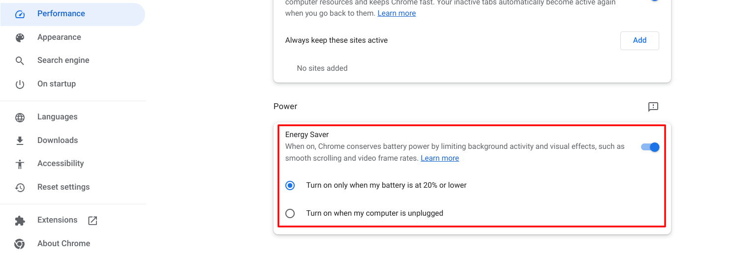 The "Energy Saver" feature in Google Chrome