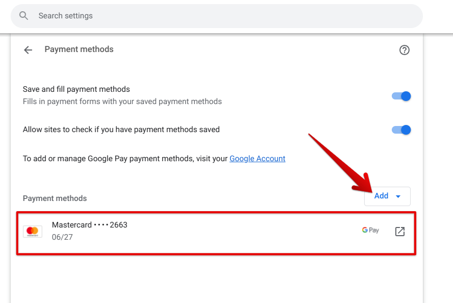 The "Payment methods" section in Google Chrome