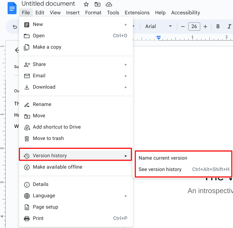 The "Version history" section in Google Docs