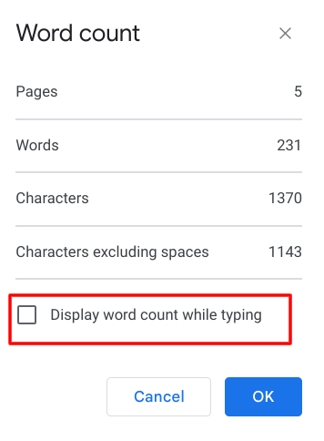 Toggling "Display word count" while typing