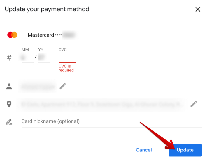 Updating a payment method in Google Pay