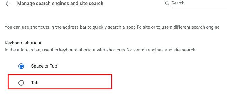 Using the right keyboard shortcut for the "SIte search" feature