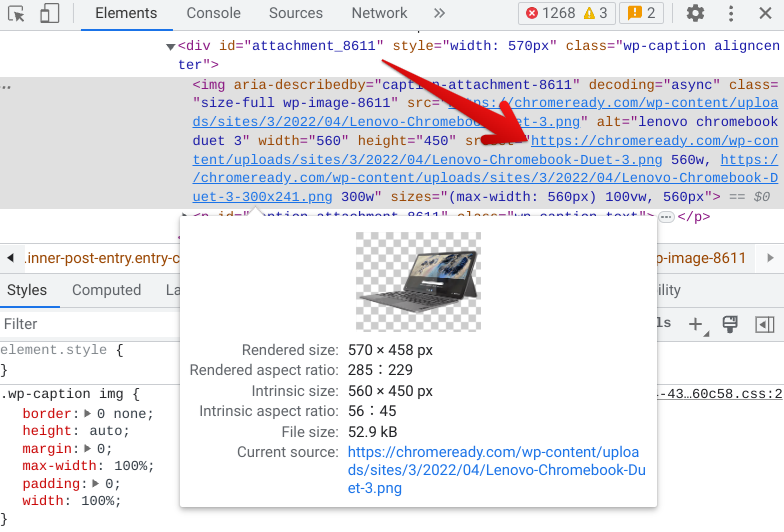 Copying the link of the image in DevTools
