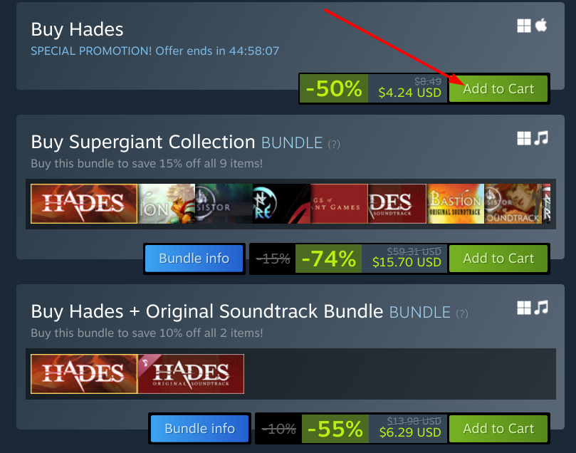 Purchasing Hades on Steam