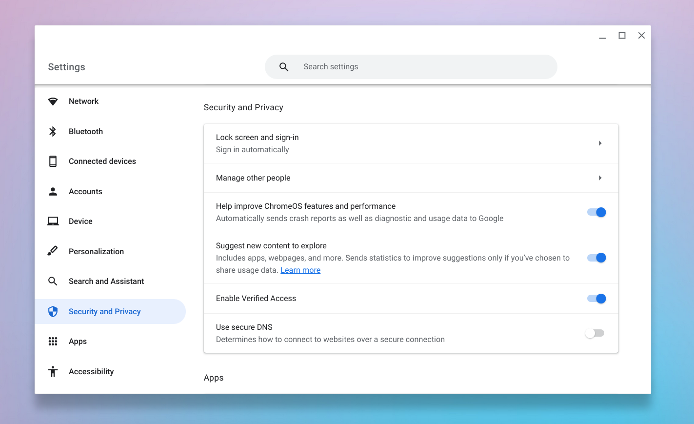 chromeos security and privacy settings