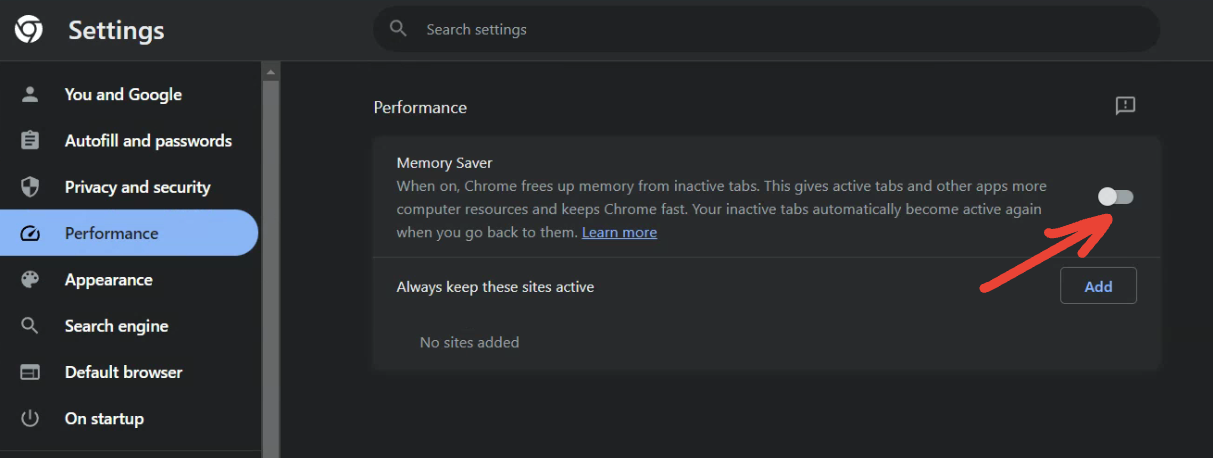 memory saver option in chrome