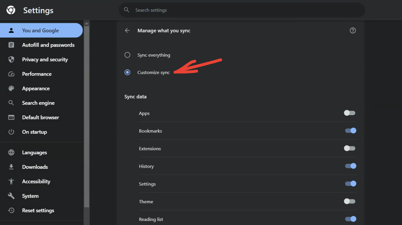 selective sync option in google chrome