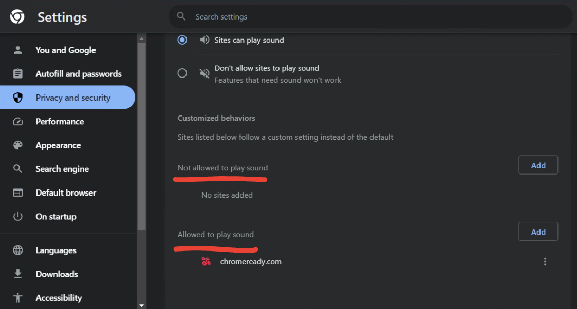 allowing and not allowing sites to play sound through chrome