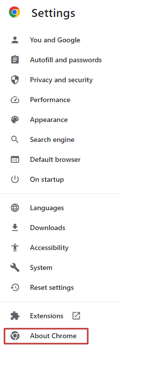 Selecting the "About Chrome" section