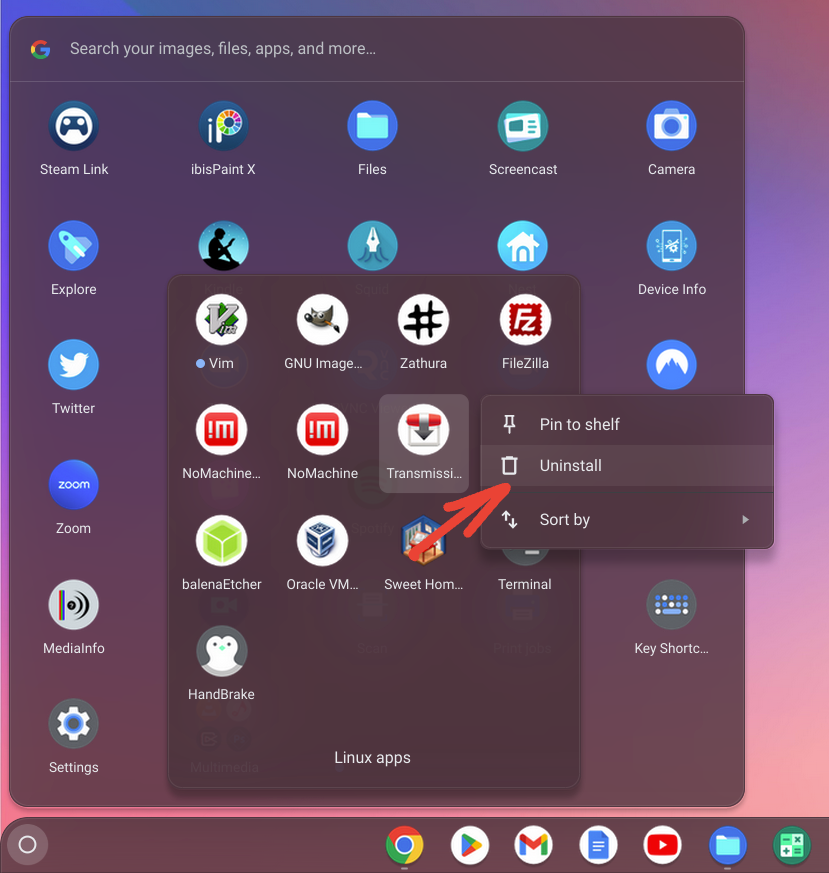 uninstalling linux app from chromeos launcher